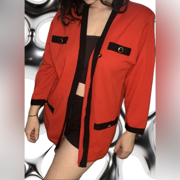 Saks Fifth Avenue Vintage Red and Black Wool Cardigan - Picture 1 of 6